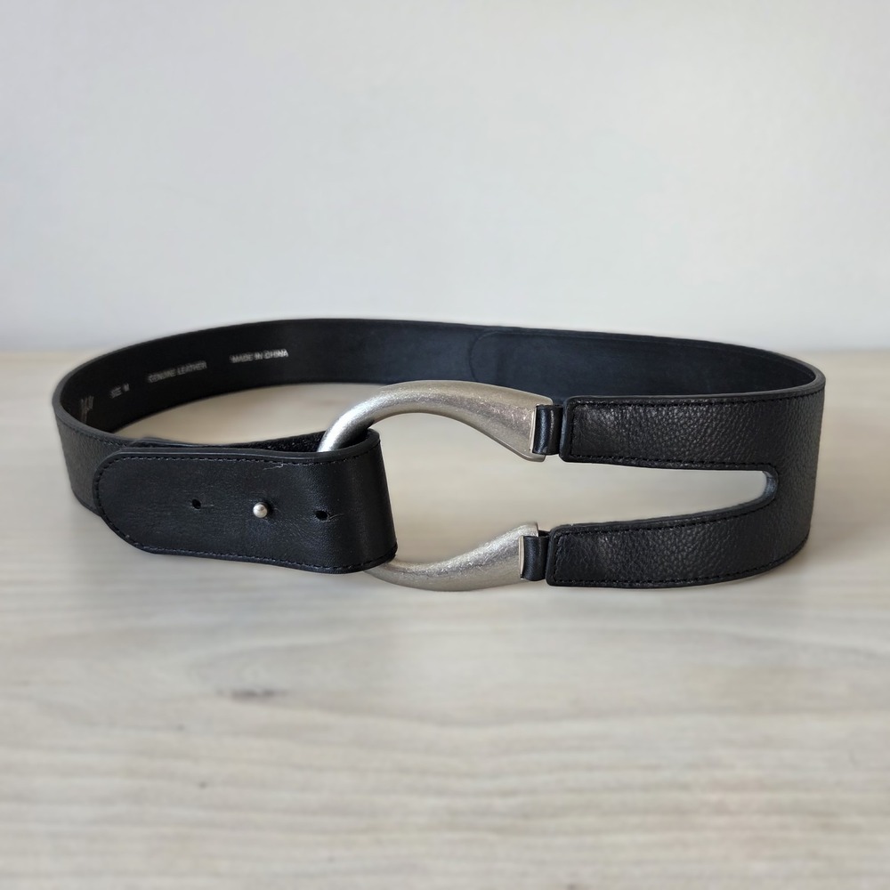 J. Jill Belt Size M Genuine Leather Black Harness Style Silver Buckle